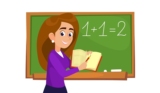 A school teacher with a textbook in front of a blackboard isolated on a white background. A banner with a female professor in a classroom teaching students in a preschool. Cartoon vector illustration