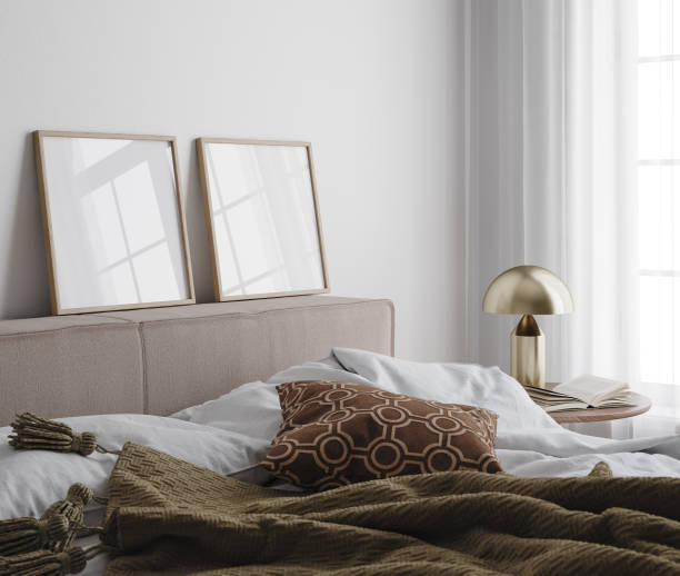 istock Mock-up poster frame in bedroom, Scandinavian style 1494615297
