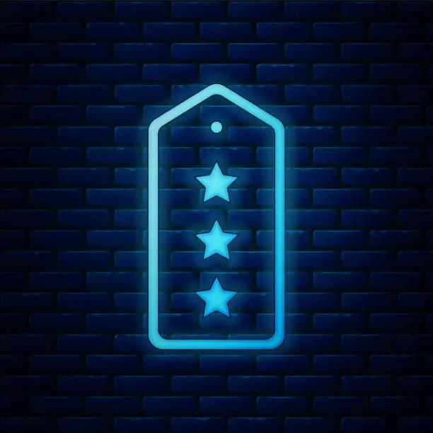 Vector illustration of Glowing neon Military rank icon isolated on brick wall background. Military badge sign. Vector