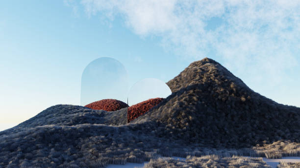 istock 3d render Surreal green shaggy surface Grassland mountain landscape background in minimal concept, abstract fantastic dune, panoramic, futuristic beauty meadow.copy space, blue sky and cloudy 1494616460