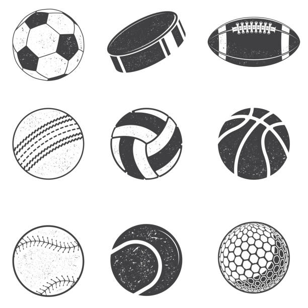 набор черно-белых спортивных мячей. векторная иллюстрация. набор включает в себя футбол, бэкетбол, волейбол, бейсбол, крикет, американский ф - volleyball sport volleying silhouette stock illustrations