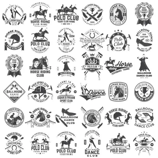 Vector illustration of Set of Ballroom dance, polo and horse riding club sport club logos, badges design. Vector illustration. Sport sticker with equestrian, rider, helmet and horse, shoes for ballroom dancing, man and woman silhouette