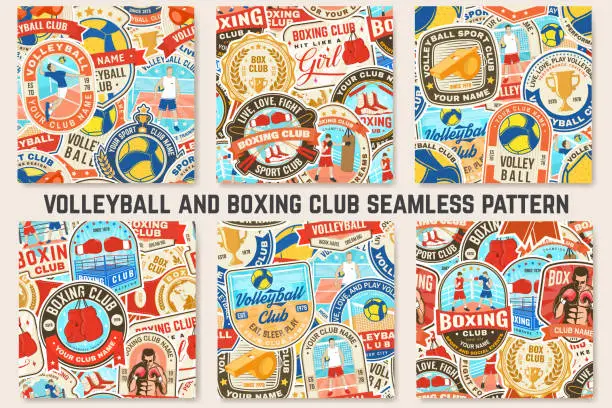 Vector illustration of Boxing and Volleyball club seamless pattern. Vector. For Volleyball and boxing club background, wallpaper, wall decor with volley ball, player boxer, boxing gloves, boxing shoes