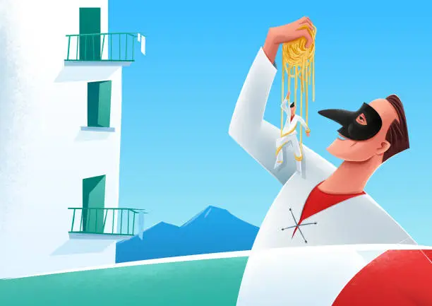 Vector illustration of Pulcinella with spaghetti and marionette in the Gulf of Naples