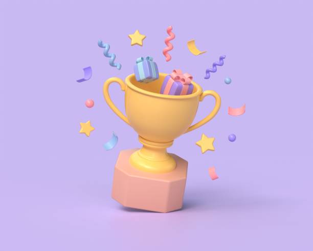 istock 3d trophy or champion cup with gift boxes inside and confetti. victory celebration concept. 3d rendering illustration on a purple background. 1494621216