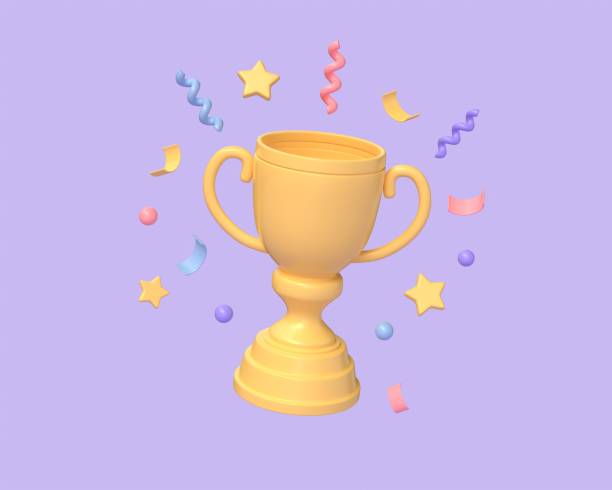 istock Cartoon winners trophy, champion cup with falling confetti on purple background. 3D rendering 1494621383