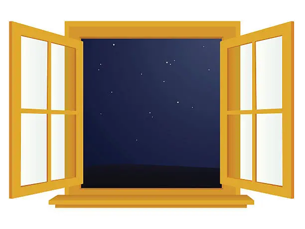 Vector illustration of open window at night