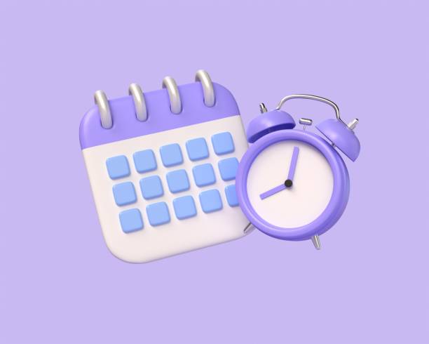 istock 3D Calendar and Alarm clock. Planning concept. Office work and deadline. Event agenda. Time to plan. Business meeting. Cartoon design icon isolated on purple background. 3D Rendering 1494621834