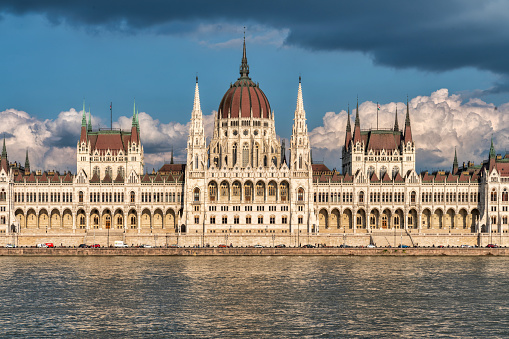 Budapest, B, Hungary - August 18, 2023: Hungarian Parliament building and wide Danube River