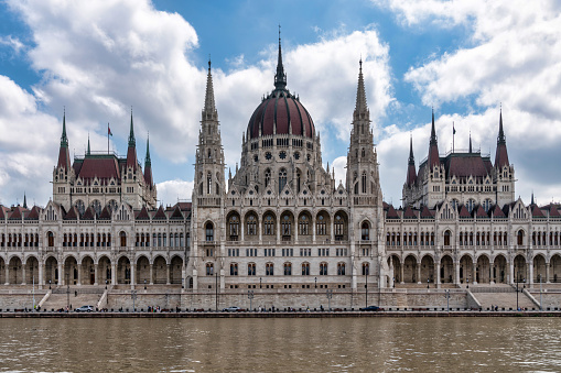 Building of Parliament of Hungary, the most popular tourist attraction situated on the bank of river Danube in Pest part of the city. Budapest, Hungary - 7 May, 2019
