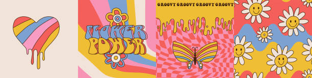 Groovy Hippie 70s square cards Set . Flower power Trippy Psychedelic banners - Daisy Flowers, Melting Wavy Stripes in Retro Cartoon Style for Case Phone, Posters, Cards, Social media Stories. Vector. Groovy Hippie 70s square cards Set . Flower power Trippy Psychedelic banners - Daisy Flowers, Melting Wavy Stripes in Retro Cartoon Style for Case Phone, Posters, Cards, Social media Stories. Vector melting brain stock illustrations