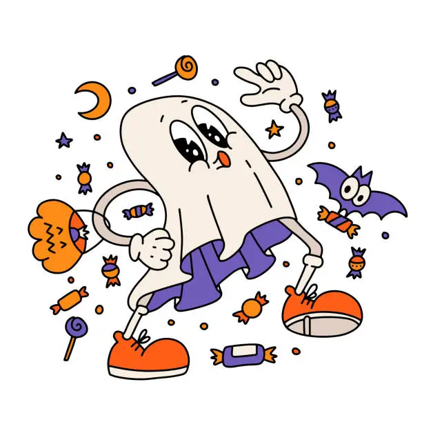 Vector illustration of Halloween Retro cartoon cute candy picker ghost. Vector illustration design on isolated background. Trendy Vintage 70s style. For print and web.