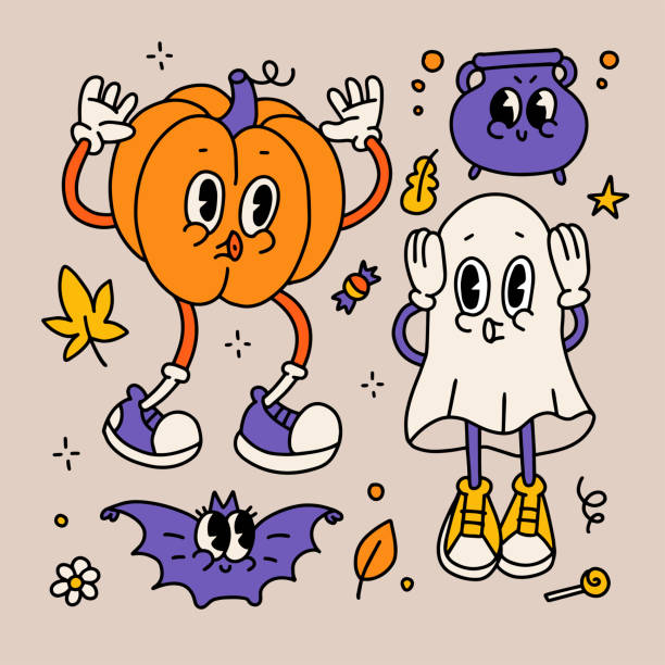 groovy retro cartoon halloween zestaw postaci. stare trippy przerażające postacie ducha, dyni, kotła, nietoperza. liniowa ręcznie rysowana ilustracja wektorowa z lat 70. vintage kolorowe maskotki robią boo. - spooky horror nostalgia autumn stock illustrations