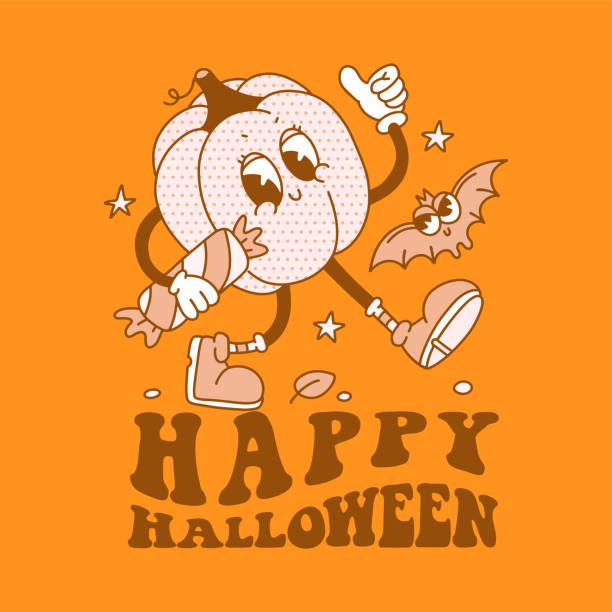 zabawna kartka z życzeniami retro halloween z kreskówką retro pumpkin character w groovy 70s vintage style. szczęśliwego halloween ilustracja z koncepcją polowania na słodycze. ilustracja wektorowa konturowa. - spooky horror nostalgia autumn stock illustrations