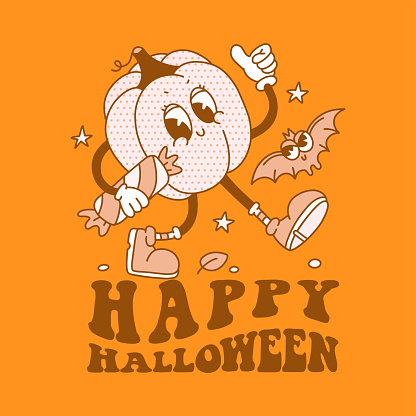 Funny Retro Halloween greeting card teplate with retro cartoon Pumpkin Character in groovy 70s Vintage Style. Happy Halloween Illustration with hunting for sweets concept. Contour vector illustration