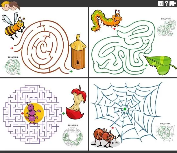 Vector illustration of maze activity games set with cartoon insects