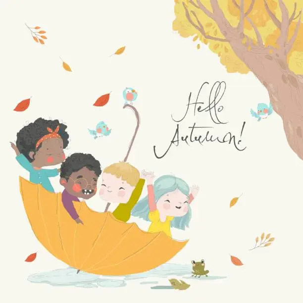 Vector illustration of Cute Cartoon Kids sitting in Big Umbrella. Hello Autumn