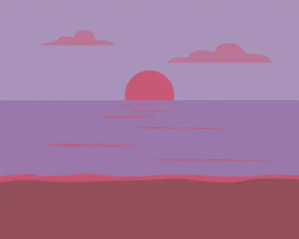 Vector illustration of Sunset. Illustration of a seascape with a moon  river and the setting sun in the evening.Calm water and shore.Background image without people. Flat vector