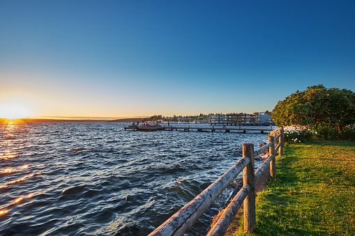 David Brink Park and pier at sunset on a Summer evening, Kirkland, Washington