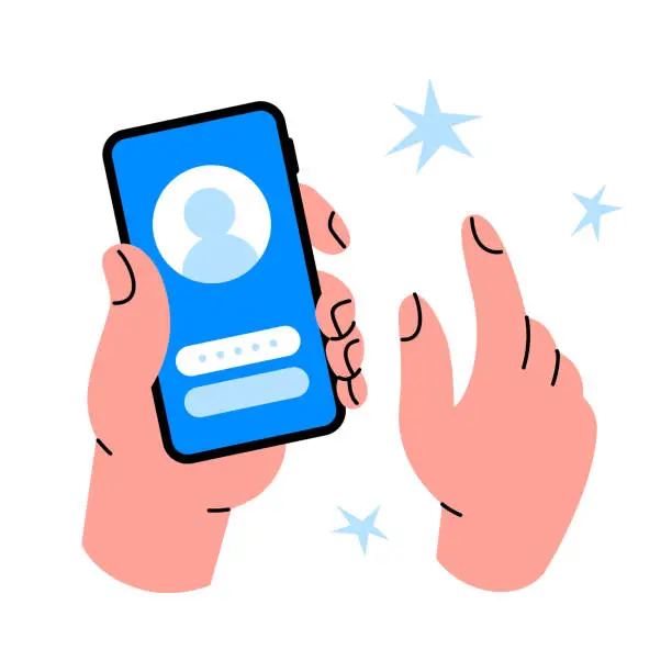 Vector illustration of Human hands are holding a smartphone. Registration, login, password in the application. Social network account