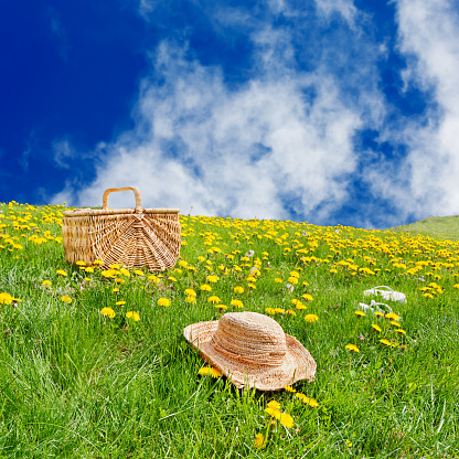 Straw hat, picnic basket & flip flops sitting on the grass in a rolling, dandelion filled meadow