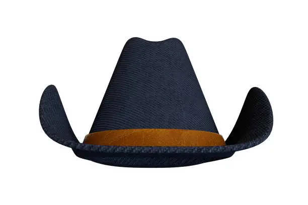 Photo of 3d straw cowboy hat with blue texture on isolated background. 3d rendering illustration.