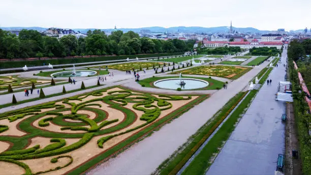Belvedere Castle garden : people walking in distance  in classic park.   May in Austrian capital