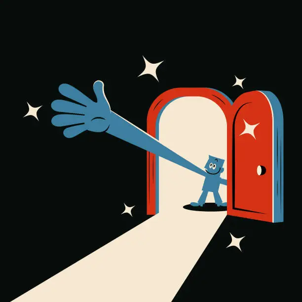 Vector illustration of A smiling blue man opens the door and reaches in to look for something