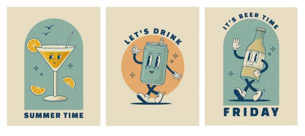 ilustraciones, imágenes clip art, dibujos animados e iconos de stock de set de carteles de personajes divertidos de dibujos animados retro. cóctel de martini, cerveza, mascota de lata de refresco. - beer backgrounds alcohol glass