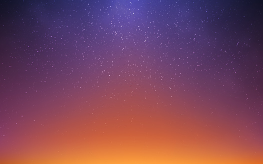Sunset stars. Realistic orange gradient with starlight effect. Starry night sky. Cosmic banner template with soft light. Realistic blurred sky with sunlight. Vector illustration.