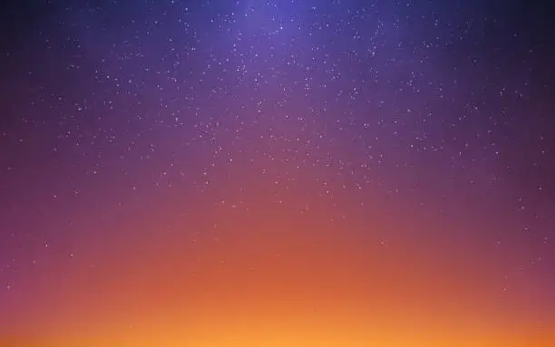 Vector illustration of Sunset stars. Realistic orange gradient with starlight effect. Starry night sky. Cosmic banner template with soft light. Realistic blurred sky with sunlight. Vector illustration