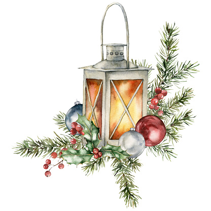 Watercolor composition of lantern, Christmas tree toys and spruce branches. Hand painted holiday card of flower and plants isolated on white background. Illustration for design, print, background