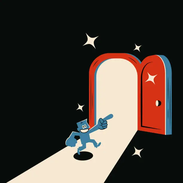 Vector illustration of A smiling blue man pointing with his index finger to the exit of the open door