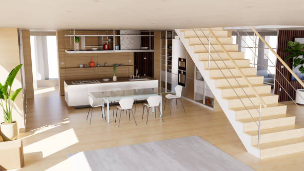 istock Internal view of an open space with big windows, large size, modern and contemporary style. Kitchen interior furniture. Luxury houses. Living room 1494655645