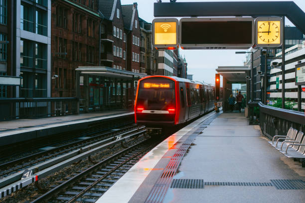 Subway train in Hamburg at twilight  in summer
