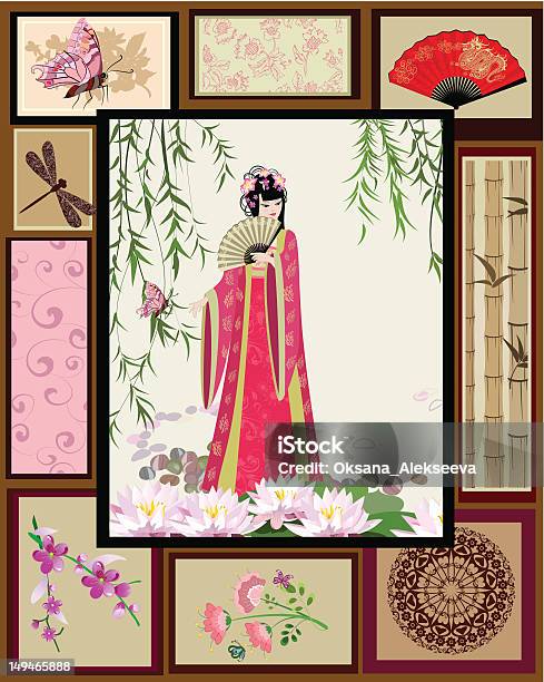 Китайская Девочка Национальный Рисунком — стоковая векторная графика и другие изображения на тему Абстрактный - Абстрактный, Векторная графика, Взрослый