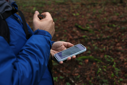 Man using smartphone in forest