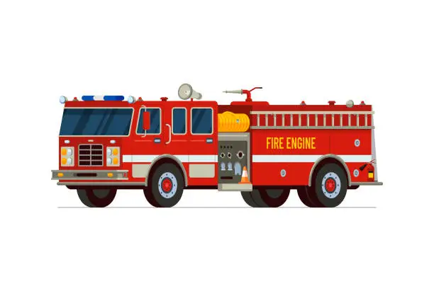 Vector illustration of Fire engine truck isometric side front view. Firetruck car with alarm siren, water tank and hose. Firefighter red vehicle. Fireman emergency rescue transport. Firefighting lorry flat vector