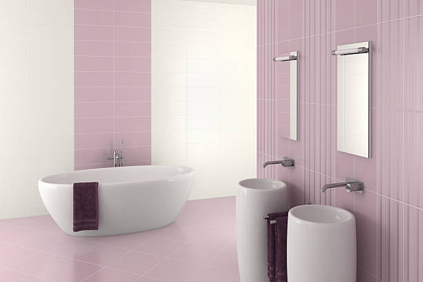 istock purple modern bathroom with double basin and bathtub 149466282