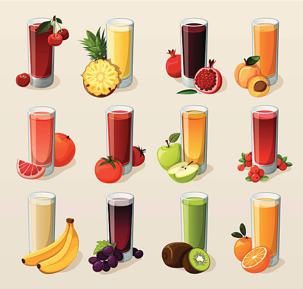 ilustrações, clipart, desenhos animados e ícones de conjunto de deliciosos sucos de frutas frescas. - orange portion fruit drink