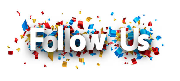 istock Follow us sign over cut out foil ribbon confetti background. 1494663260
