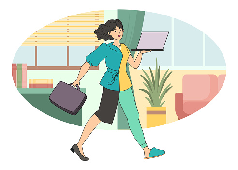 A business girl in hybrid clothes,a formal suit and home clothes with a laptop in her hands,against the backdrop of a working office and a homely cozy atmosphere.Vector illustration in cartoon style.