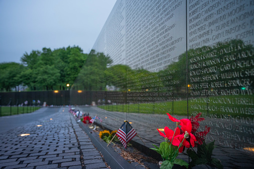 The Vietnam Veterans Memorial in Washington D.C., with the spring grass and trees reflected in the black granite wall. The memorial was built to honor the men and women who served and sacrificed in the Vietnam War, and its design by Maya Lin has become an iconic symbol of remembrance and healing.