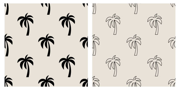 ilustrações de stock, clip art, desenhos animados e ícones de vector seamless pattern with palm trees, palm tree design template, print. palm silhouettes. tropical, vacation, beach, summer concept. vector illustration. front view - tree single word green fruit