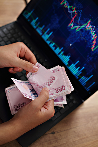 Turkish Lira, Finance, Currency, Paper Currency, Paying, Blue Bar Graph, Examine, Man Hands, Background Photo, Copy Space