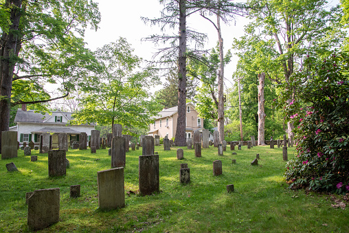 Afternoon sunlight casts long shadows behind the ancient gravestones in a Cape Cod cemetery.