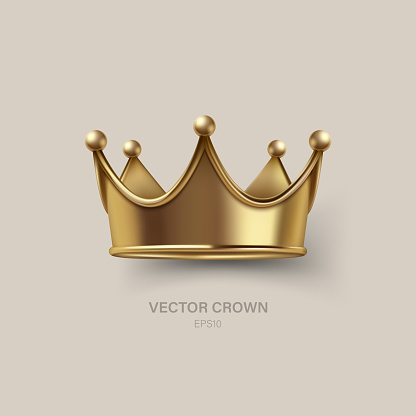 Vector 3d Realistic Golden Crown Icon Closeup Isolated. Yellow Metallic Crown Design Template. Gold Royal King Crown. Symbol of Imperial Power. Luxury, Wealth and Power. Front View.