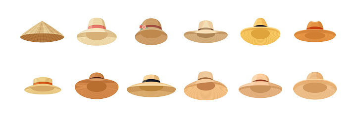 Vector Straw Hats. Asian Non La, Female, Womens and Mens Hat, Cap Icon Set Isolated. Summer Beach Head Accessory, Traditional, Farmers Headdress Hat Collection in Flat Style. Front View.