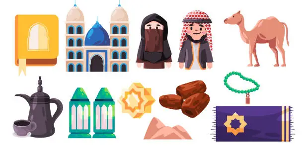 Vector illustration of Arabic muslim collection set object character people camel sand dunes prayer rug dates fruit ramadhan lamp mosque