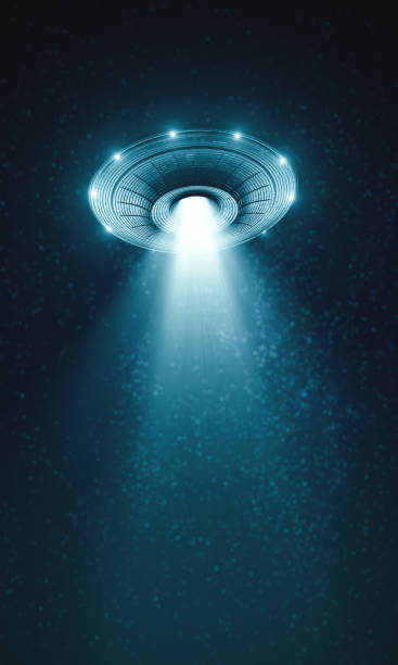 Unidentified Flying Object Unidentified flying object at night with fog and a light below, supposed tractor beam. 3D illustration. ufo stock pictures, royalty-free photos & images